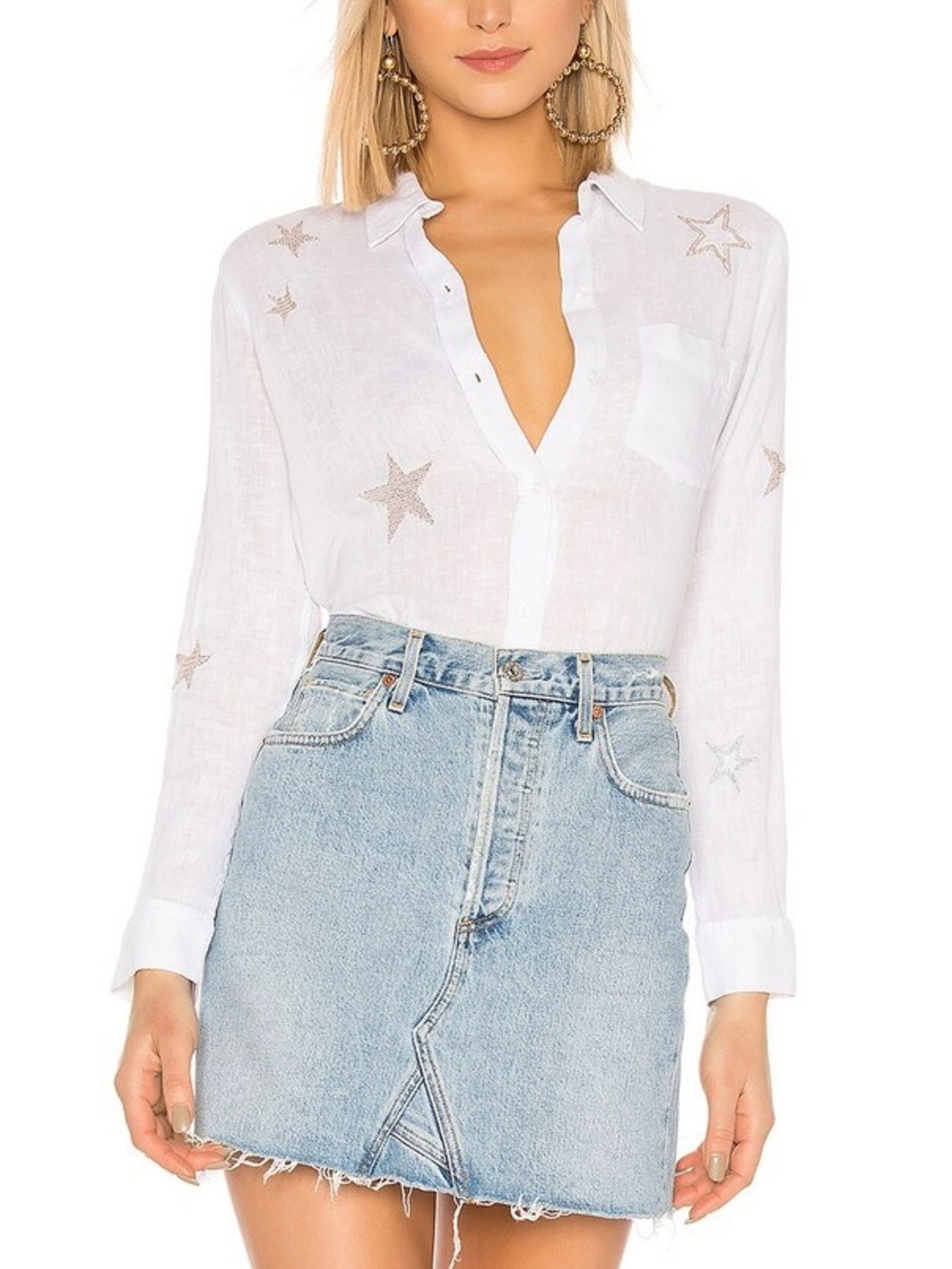 Rails Charli Linen Blend Button Up Shirt White with Metallic Stars Sz S